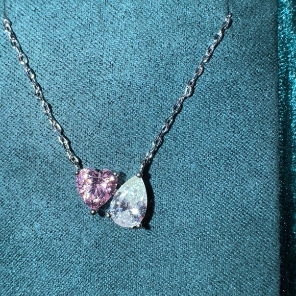 Pink Heart White Pear-Shaped Cubic Zirconia You & Me Necklace in Sterling Silver - Picture 9 of 12